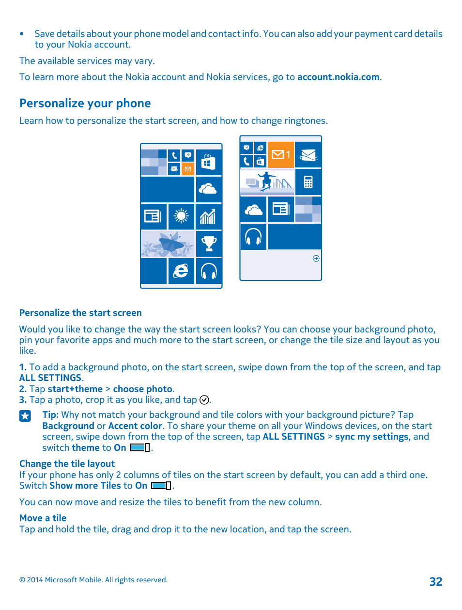 Personalize your phone, Personalize the start screen | Nokia Lumia 530 User Manual | Page 32 / 105