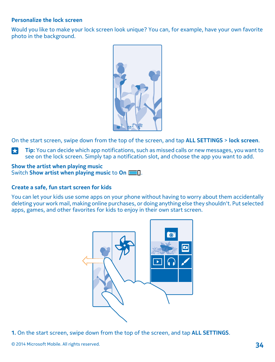 Personalize the lock screen, Create a safe, fun start screen for kids | Nokia Lumia 530 User Manual | Page 34 / 105