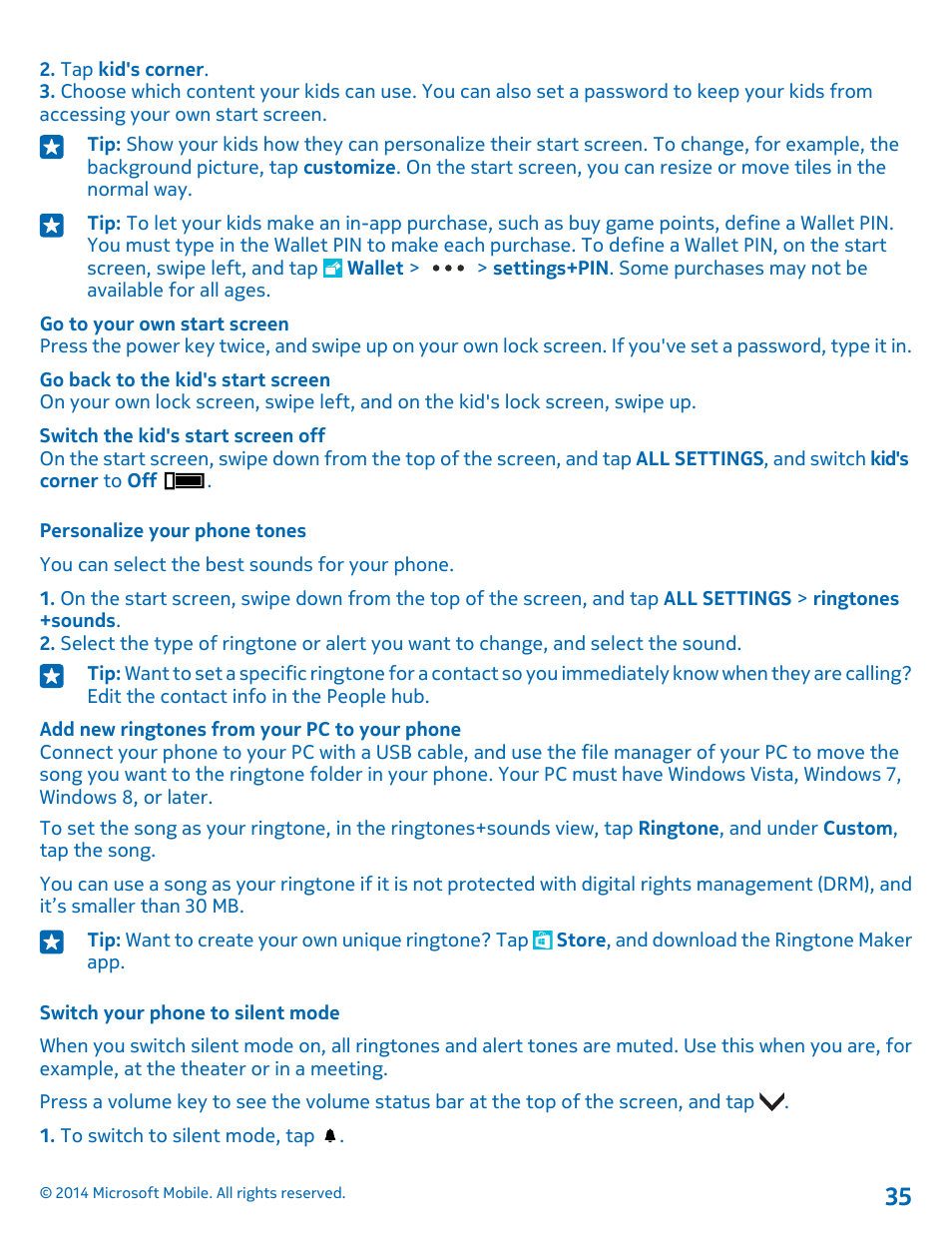 Personalize your phone tones, Switch your phone to silent mode | Nokia Lumia 530 User Manual | Page 35 / 105