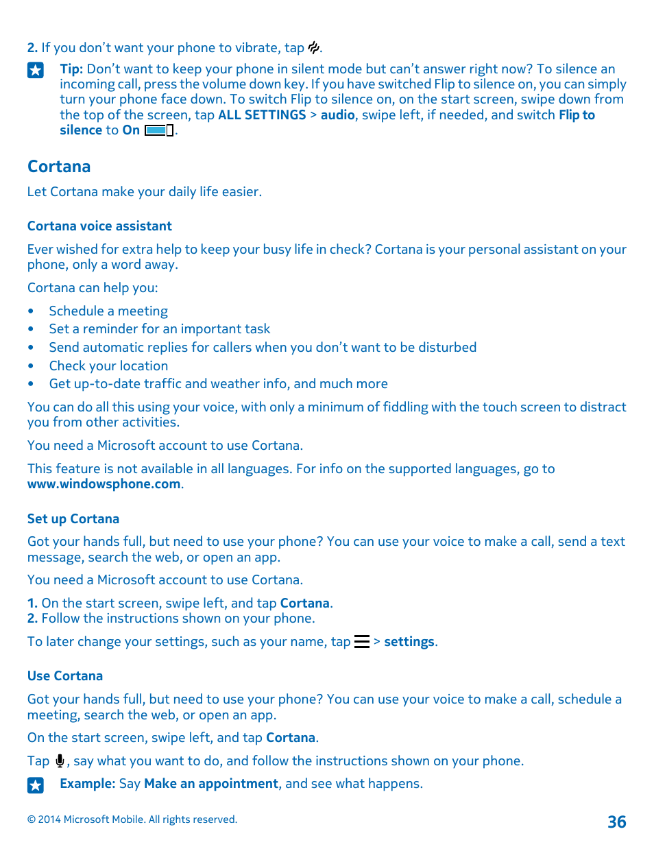 Cortana, Cortana voice assistant, Set up cortana | Use cortana | Nokia Lumia 530 User Manual | Page 36 / 105