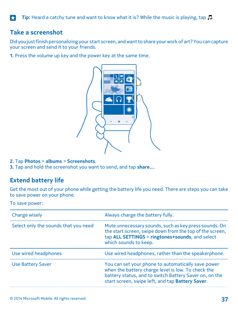 Take a screenshot, Extend battery life | Nokia Lumia 530 User Manual | Page 37 / 105