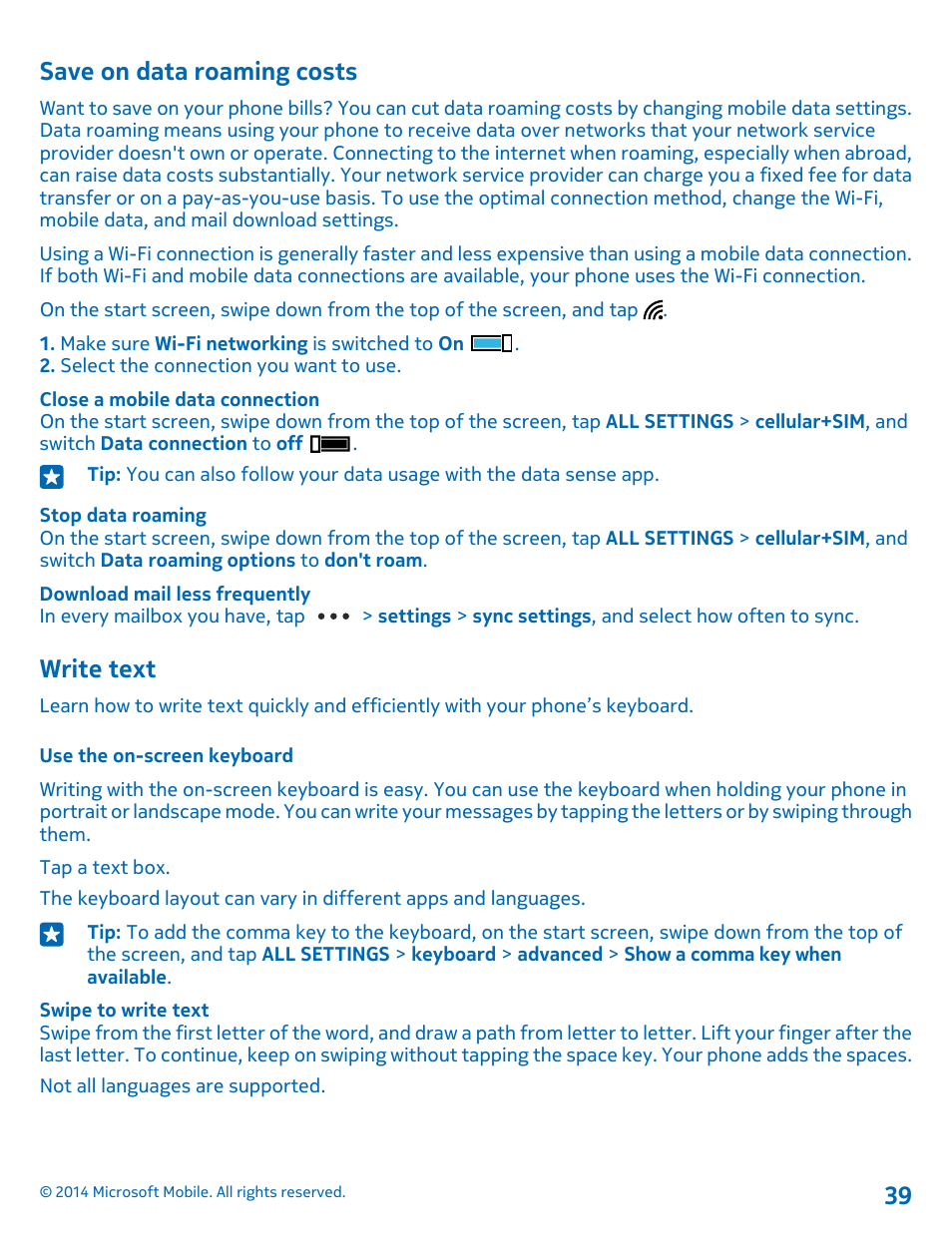 Save on data roaming costs, Write text, Use the on-screen keyboard | Nokia Lumia 530 User Manual | Page 39 / 105