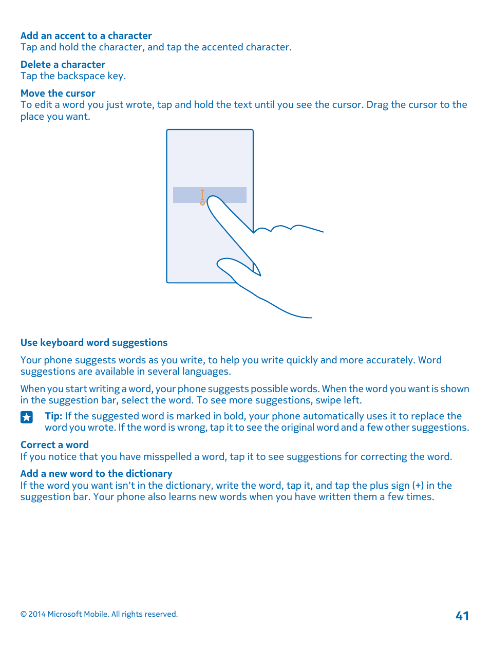 Use keyboard word suggestions | Nokia Lumia 530 User Manual | Page 41 / 105