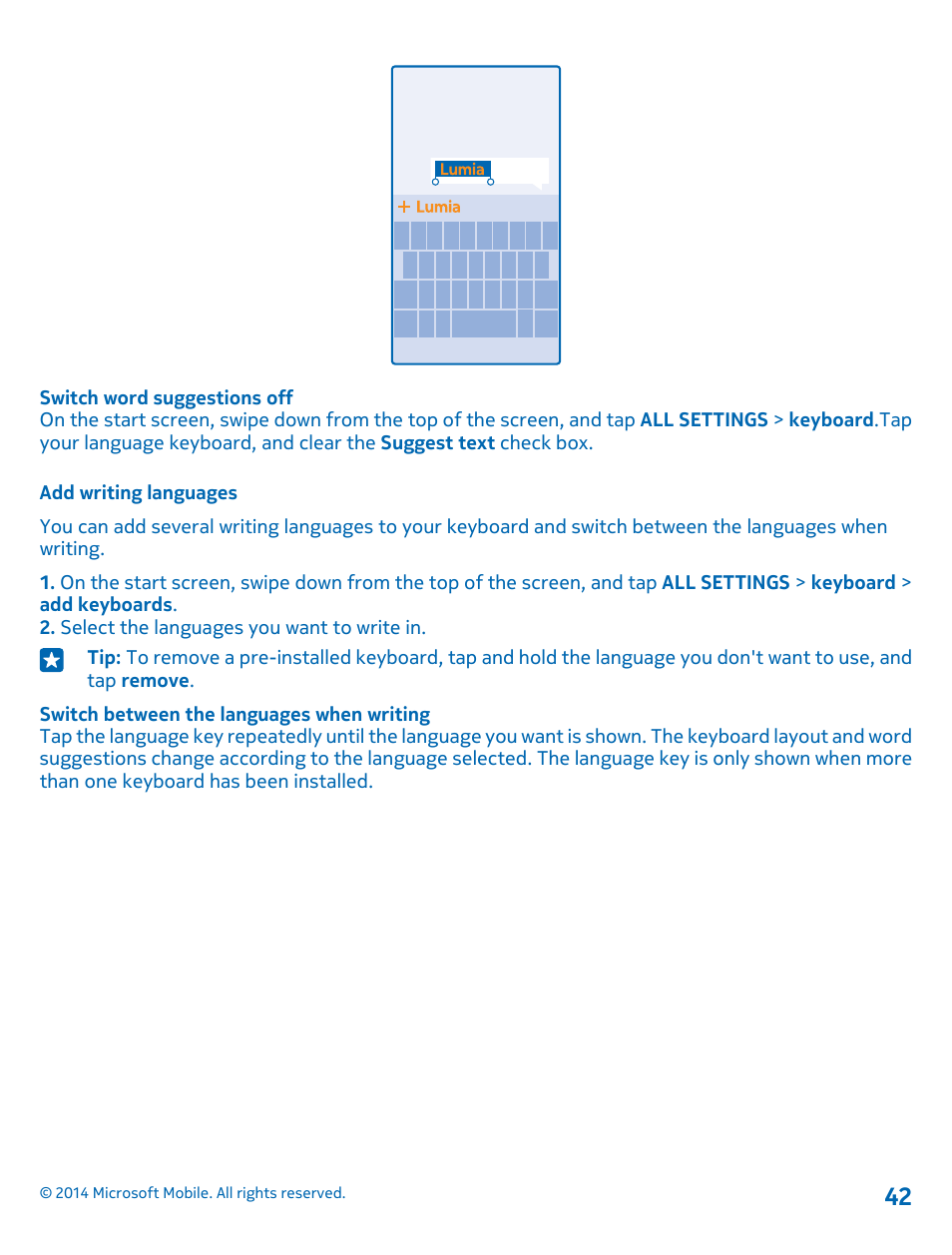 Add writing languages | Nokia Lumia 530 User Manual | Page 42 / 105