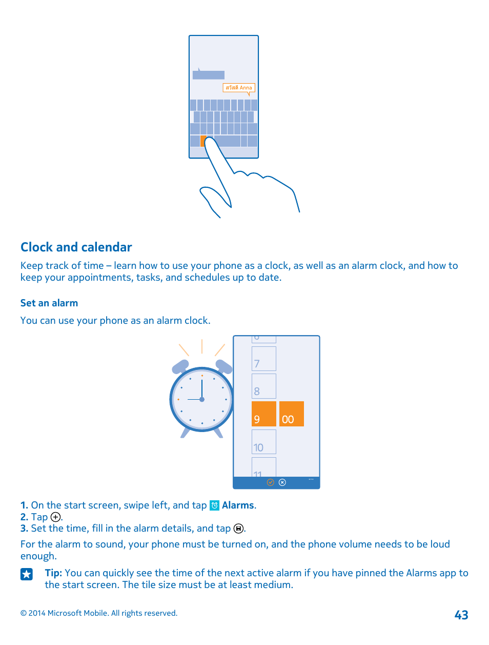 Clock and calendar, Set an alarm | Nokia Lumia 530 User Manual | Page 43 / 105