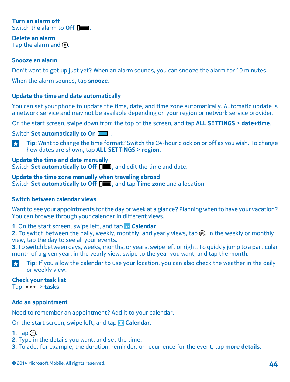 Snooze an alarm, Update the time and date automatically, Switch between calendar views | Add an appointment | Nokia Lumia 530 User Manual | Page 44 / 105