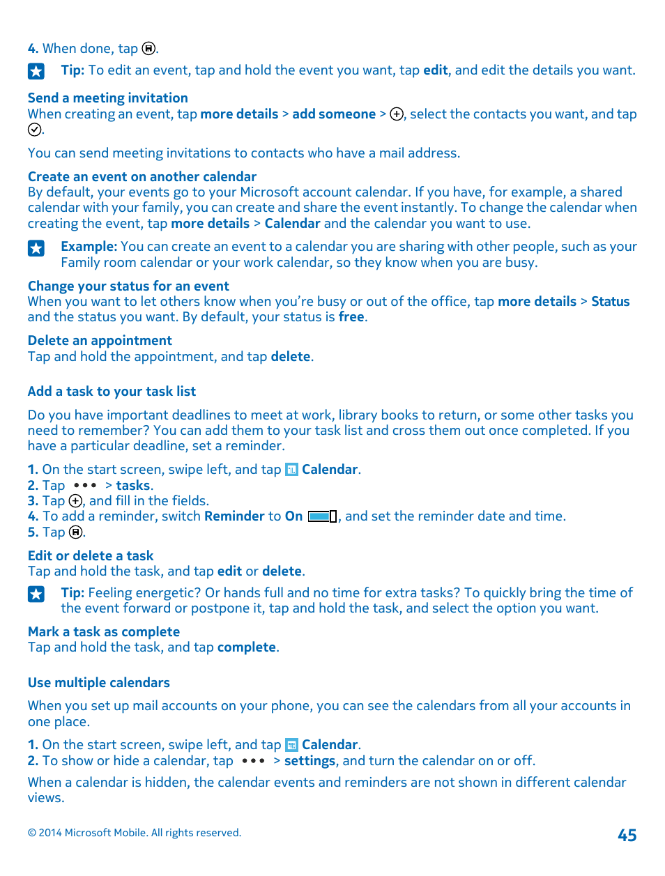 Add a task to your task list, Use multiple calendars | Nokia Lumia 530 User Manual | Page 45 / 105