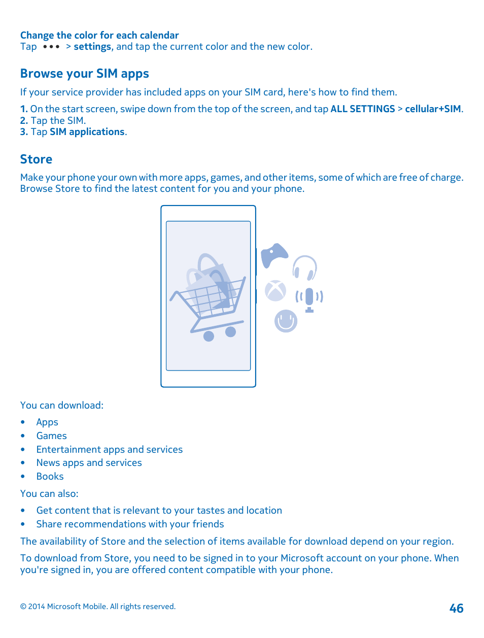Browse your sim apps, Store | Nokia Lumia 530 User Manual | Page 46 / 105