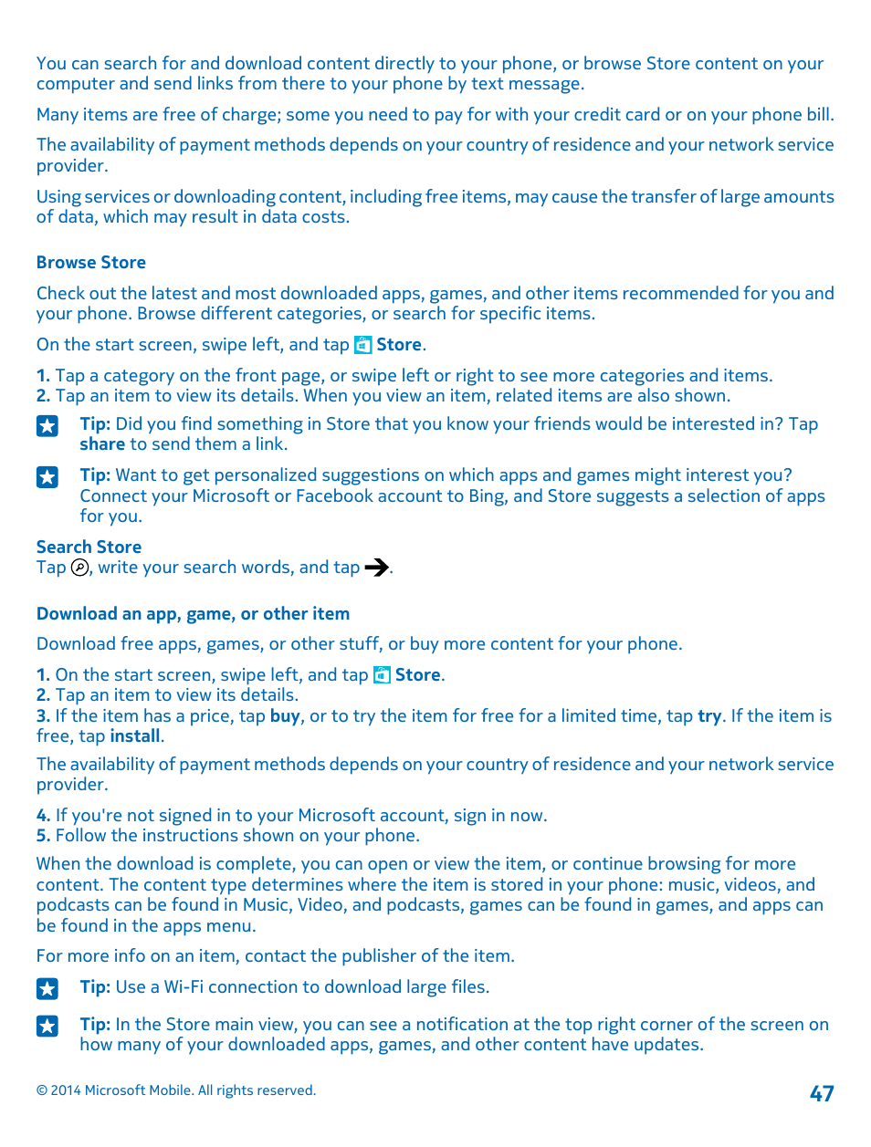 Browse store, Download an app, game, or other item | Nokia Lumia 530 User Manual | Page 47 / 105