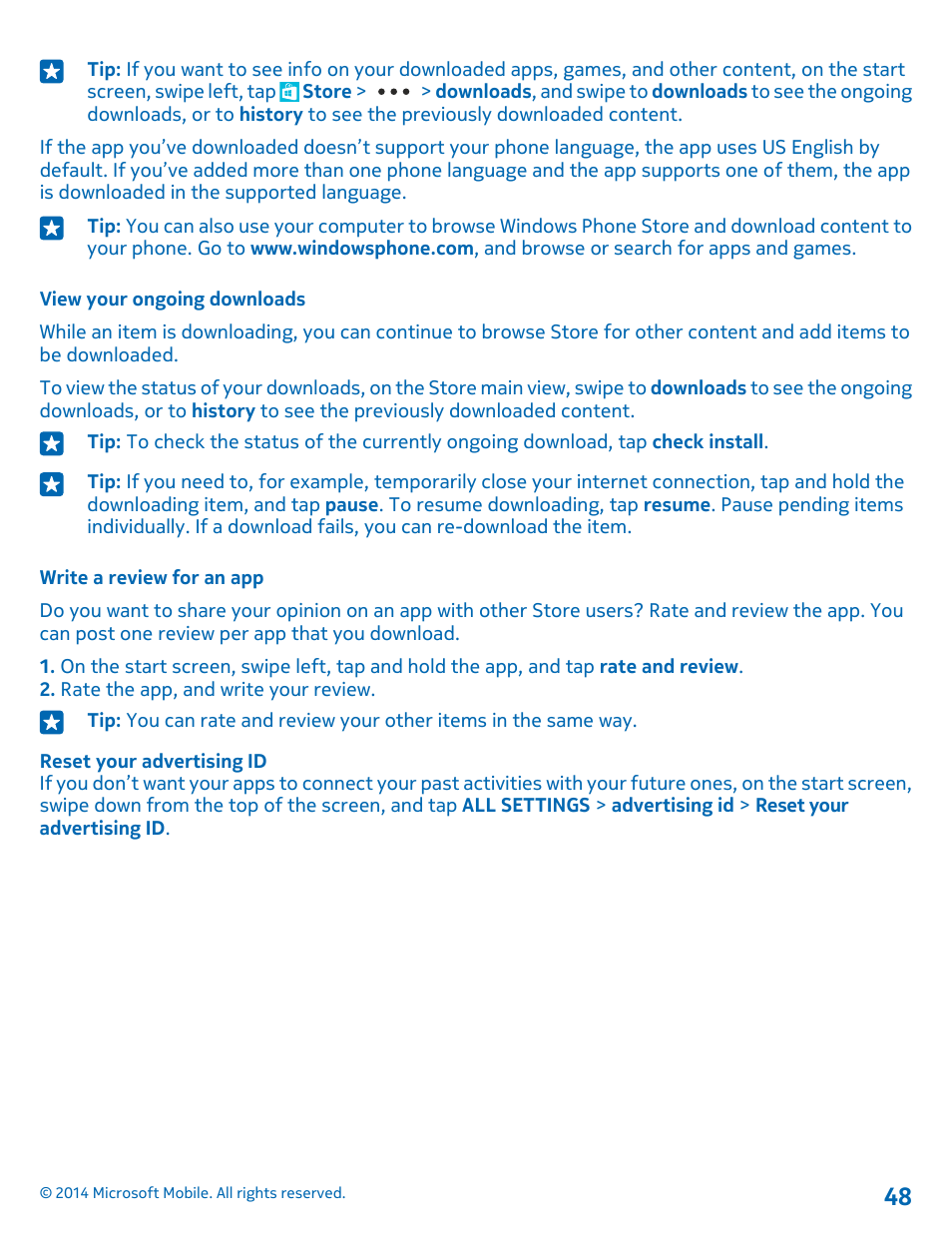 View your ongoing downloads, Write a review for an app | Nokia Lumia 530 User Manual | Page 48 / 105