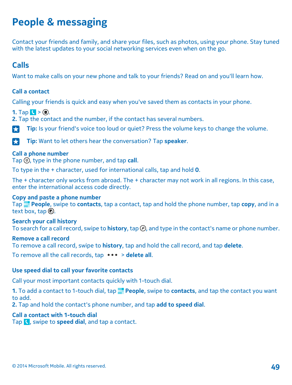 People & messaging, Calls, Call a contact | Use speed dial to call your favorite contacts | Nokia Lumia 530 User Manual | Page 49 / 105