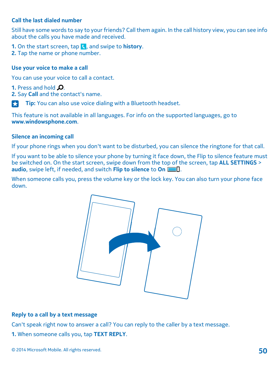 Call the last dialed number, Use your voice to make a call, Silence an incoming call | Reply to a call by a text message | Nokia Lumia 530 User Manual | Page 50 / 105