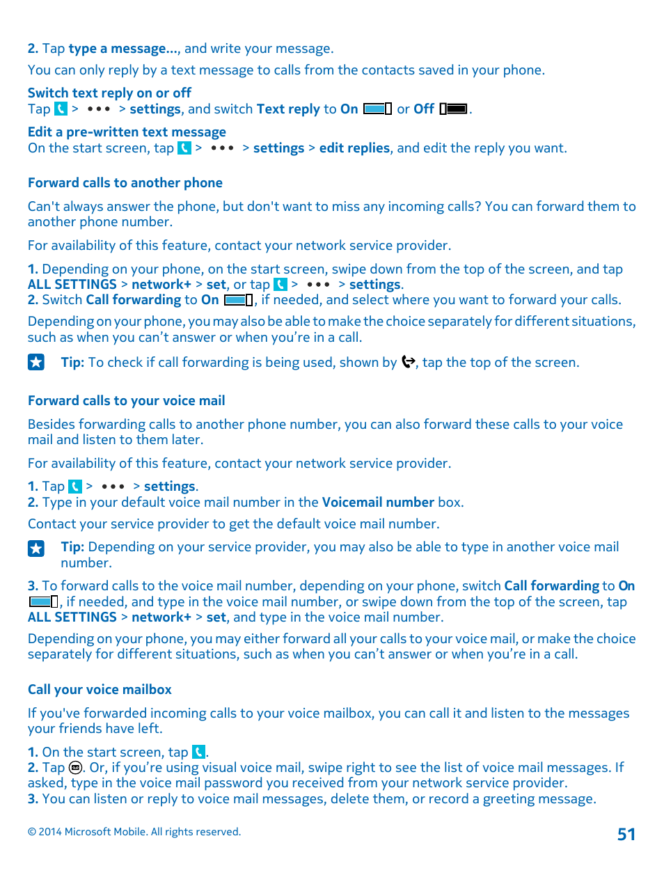 Forward calls to another phone, Forward calls to your voice mail, Call your voice mailbox | Nokia Lumia 530 User Manual | Page 51 / 105