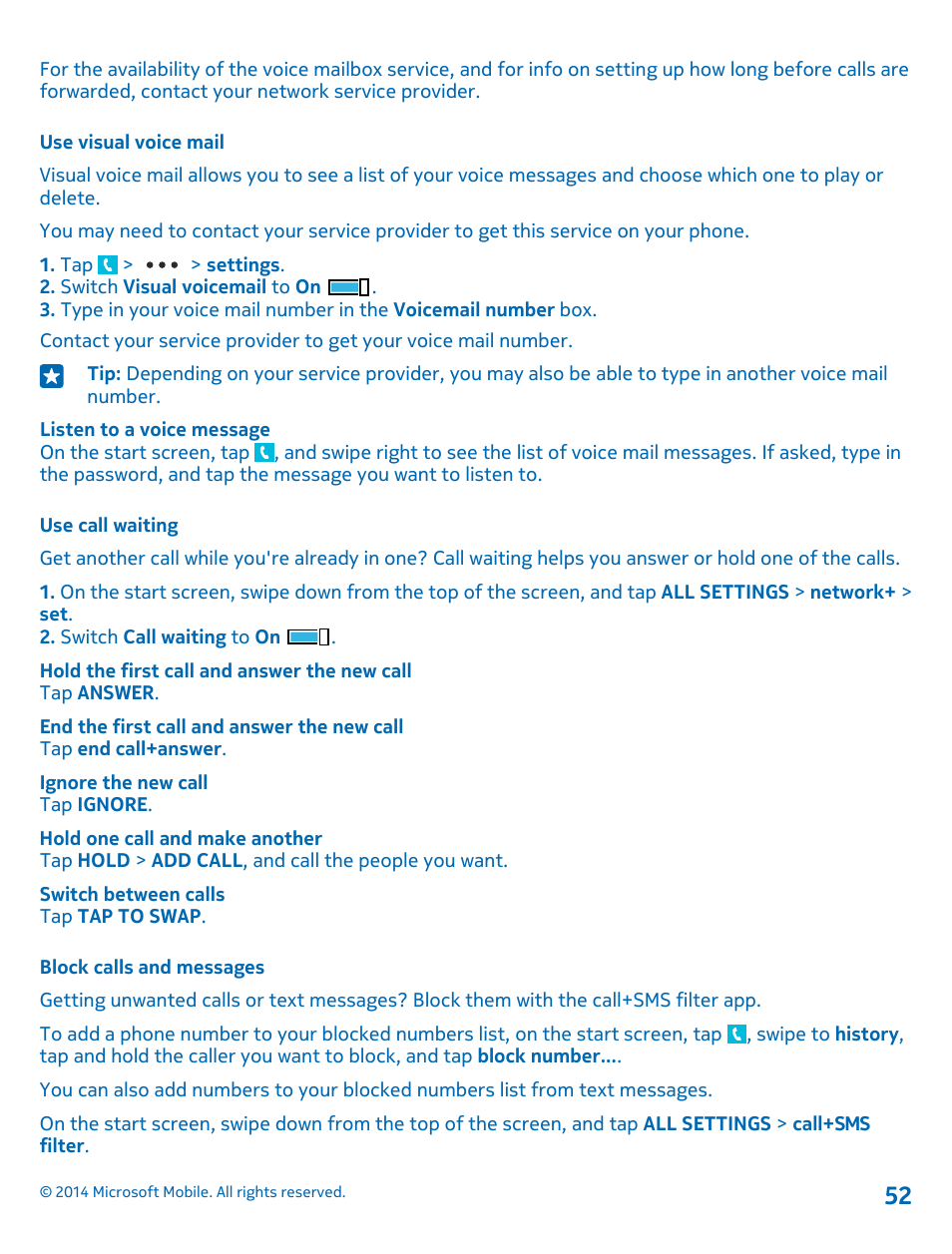 Use visual voice mail, Use call waiting, Block calls and messages | Nokia Lumia 530 User Manual | Page 52 / 105