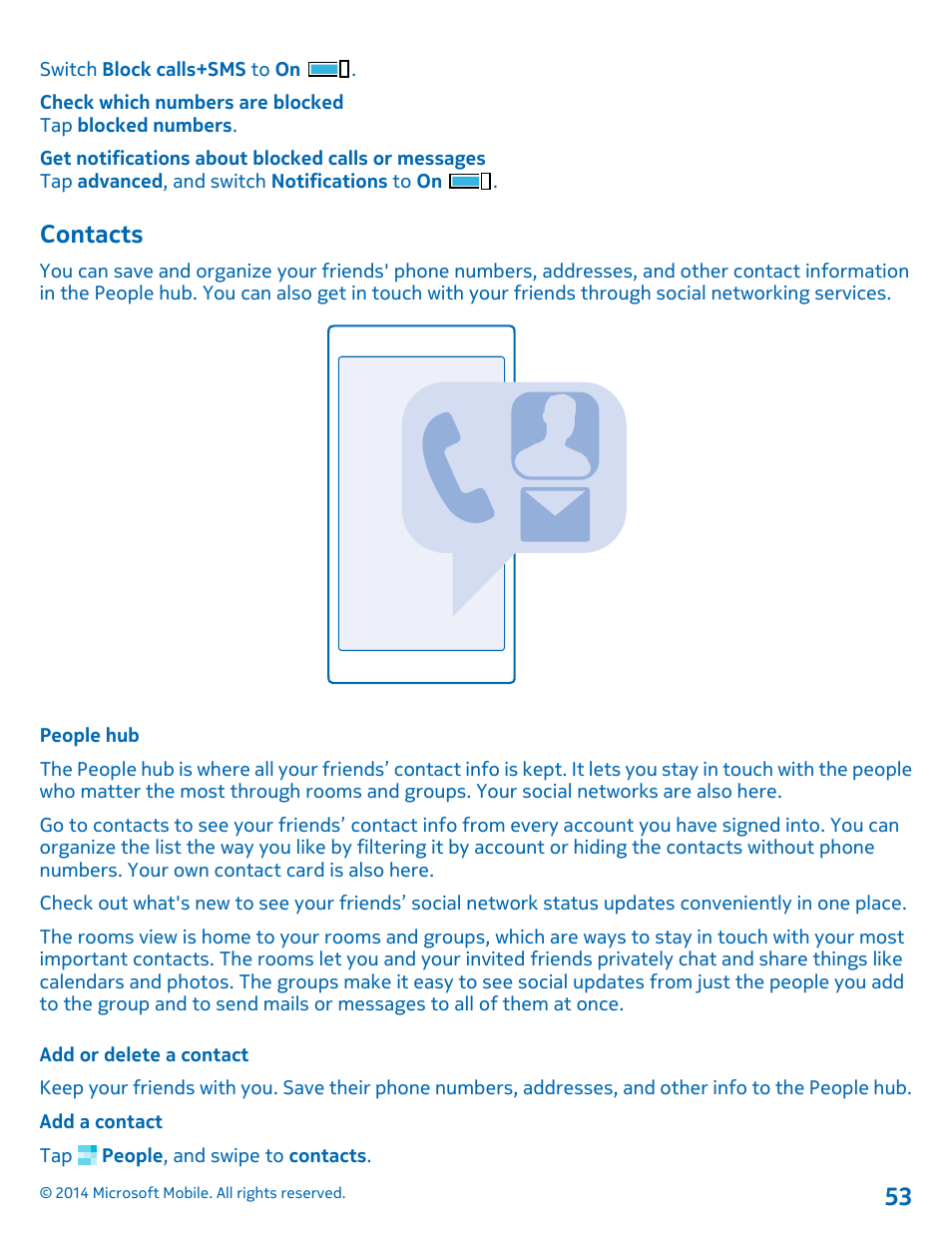 Contacts, People hub, Add or delete a contact | Nokia Lumia 530 User Manual | Page 53 / 105