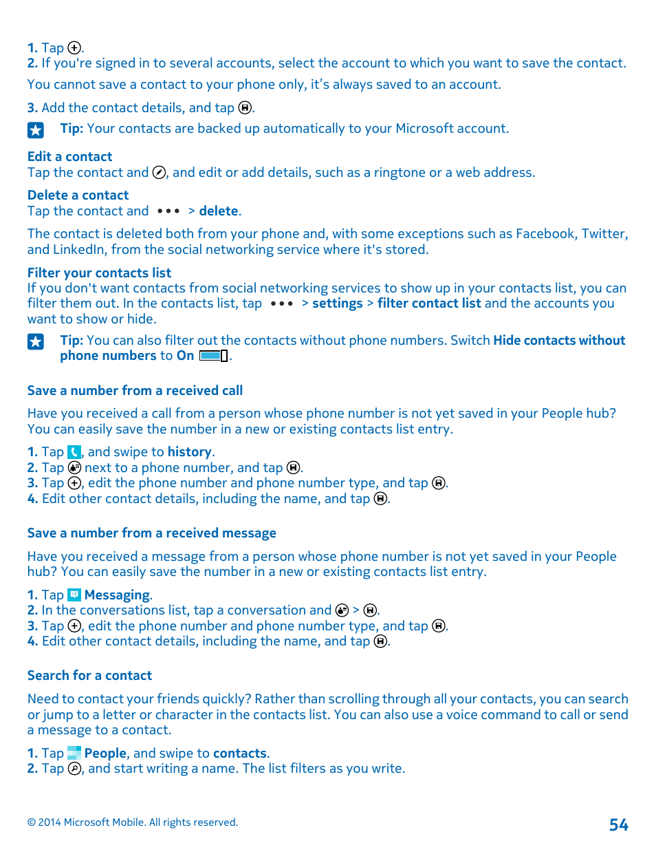 Save a number from a received call, Save a number from a received message, Search for a contact | Nokia Lumia 530 User Manual | Page 54 / 105