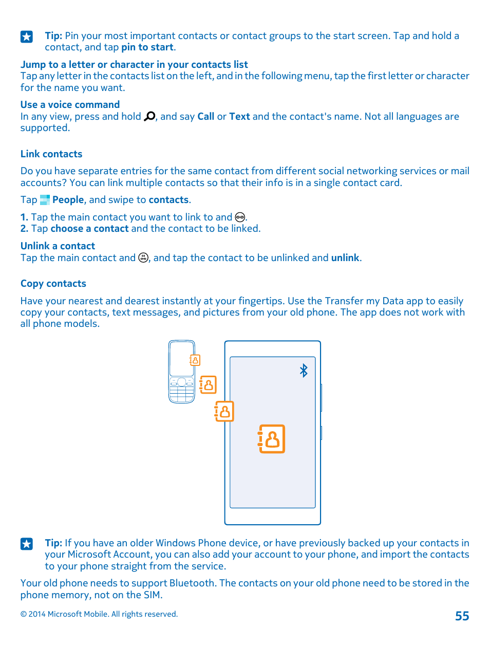 Link contacts, Copy contacts | Nokia Lumia 530 User Manual | Page 55 / 105