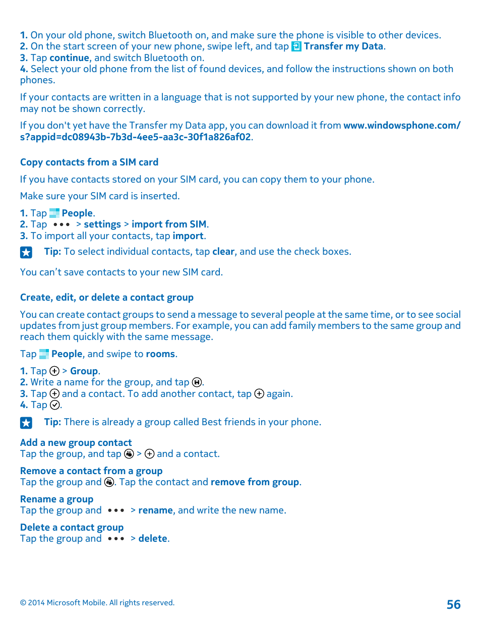 Copy contacts from a sim card, Create, edit, or delete a contact group | Nokia Lumia 530 User Manual | Page 56 / 105