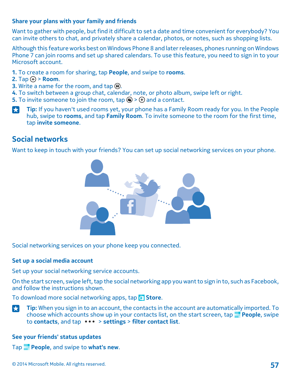 Share your plans with your family and friends, Social networks, Set up a social media account | See your friends' status updates | Nokia Lumia 530 User Manual | Page 57 / 105