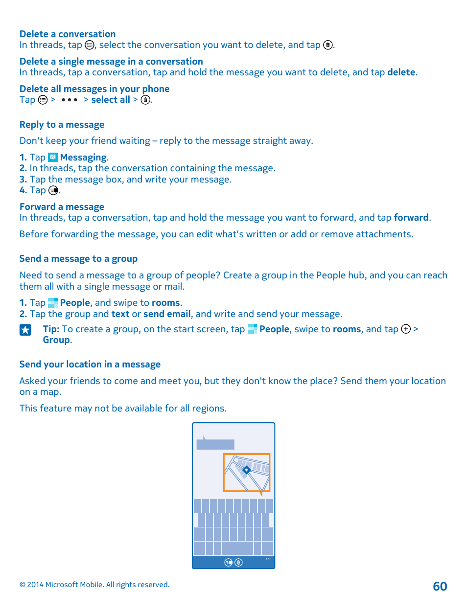 Reply to a message, Send a message to a group, Send your location in a message | Nokia Lumia 530 User Manual | Page 60 / 105