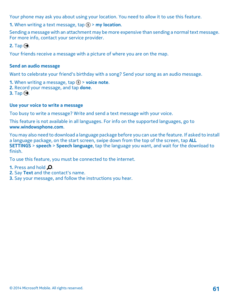 Send an audio message, Use your voice to write a message | Nokia Lumia 530 User Manual | Page 61 / 105