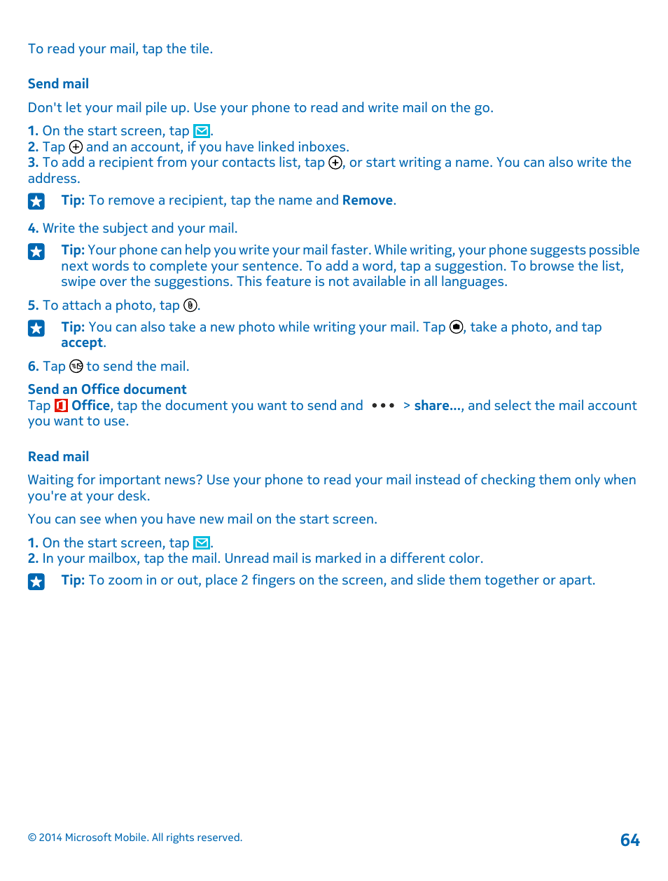 Send mail, Read mail | Nokia Lumia 530 User Manual | Page 64 / 105