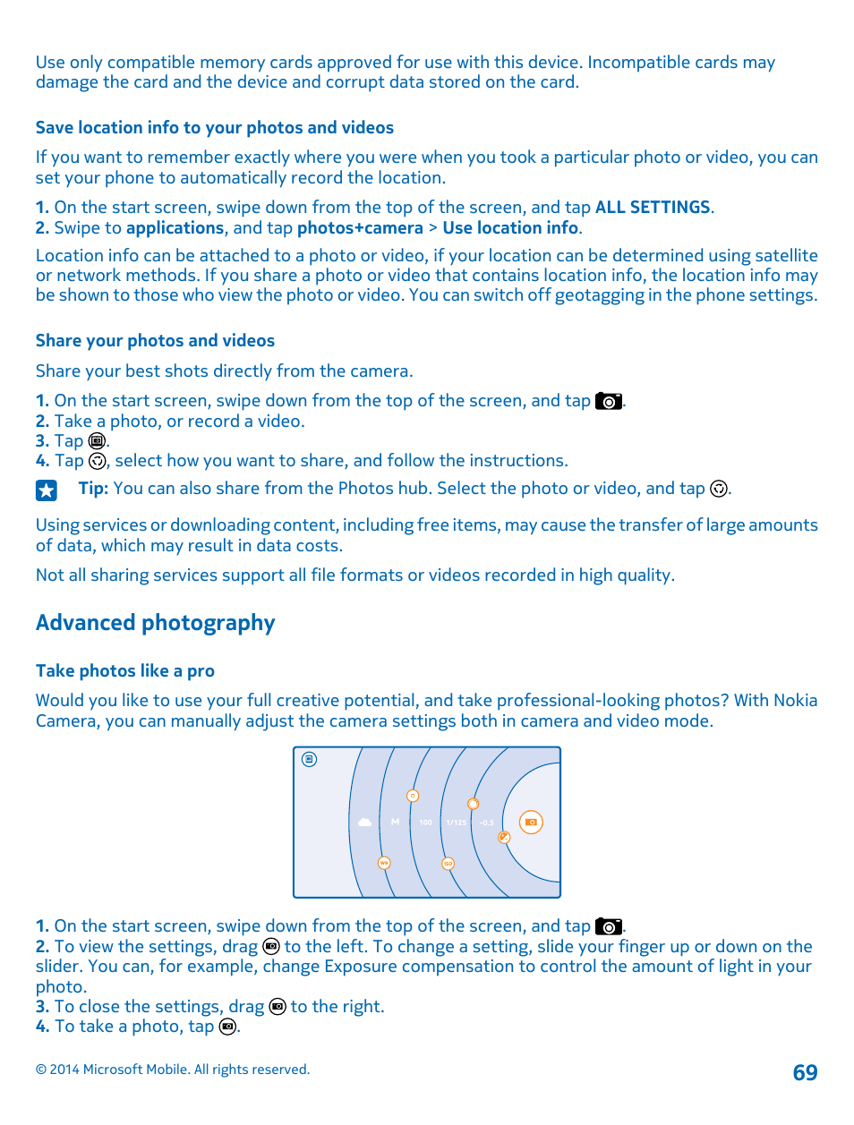 Save location info to your photos and videos, Share your photos and videos, Advanced photography | Take photos like a pro | Nokia Lumia 530 User Manual | Page 69 / 105