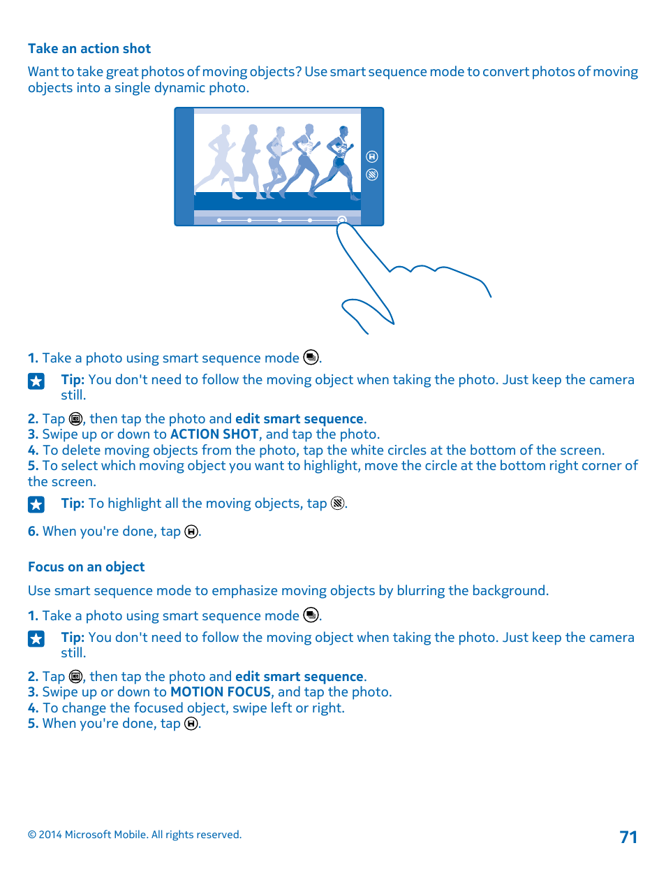 Take an action shot, Focus on an object | Nokia Lumia 530 User Manual | Page 71 / 105