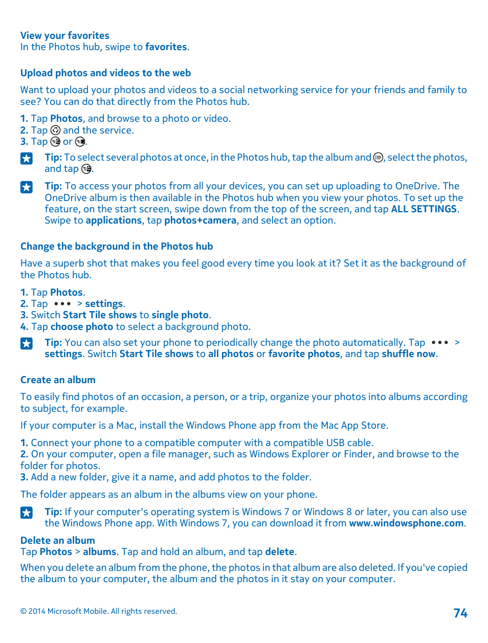 Upload photos and videos to the web, Change the background in the photos hub, Create an album | Nokia Lumia 530 User Manual | Page 74 / 105