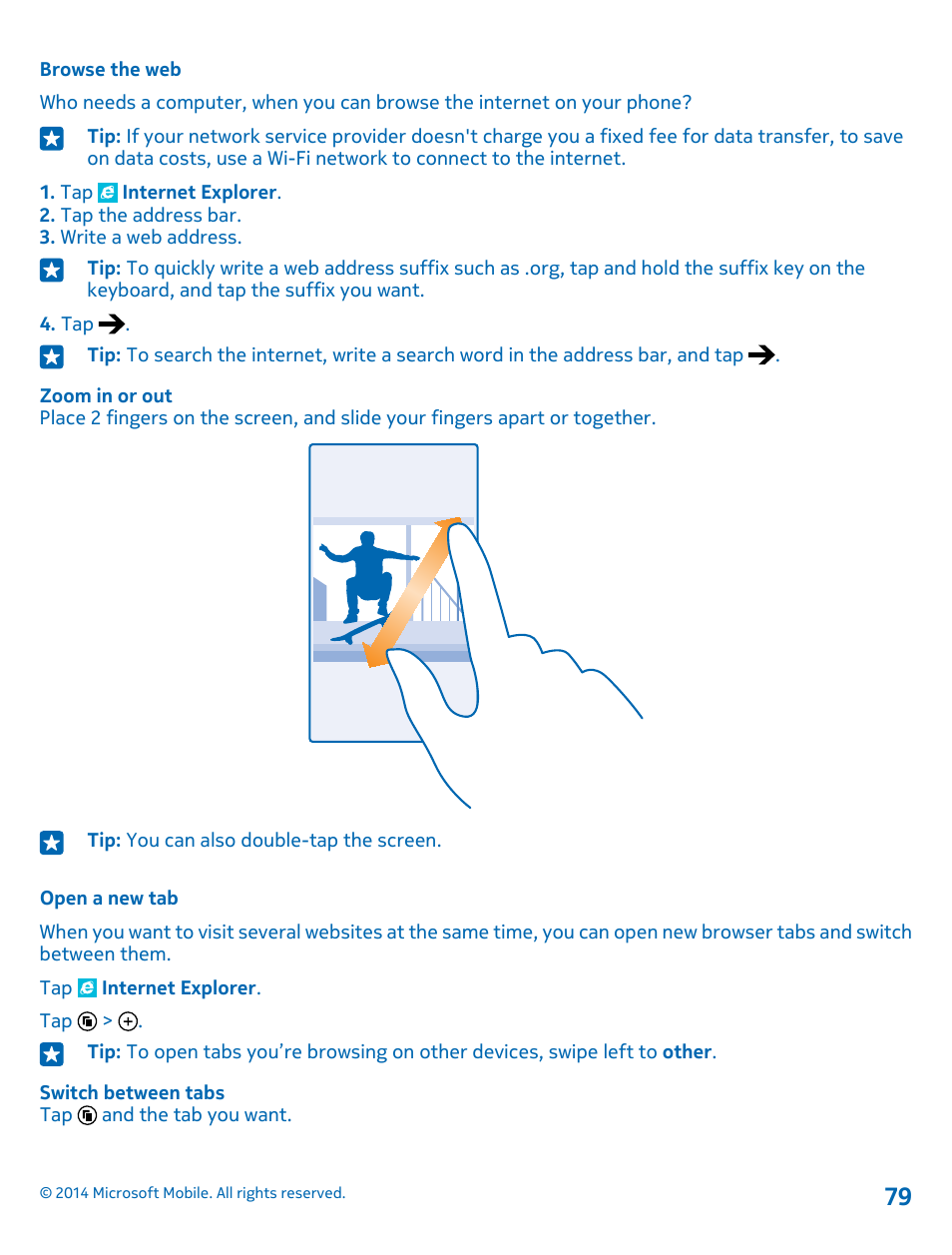 Browse the web, Open a new tab | Nokia Lumia 530 User Manual | Page 79 / 105