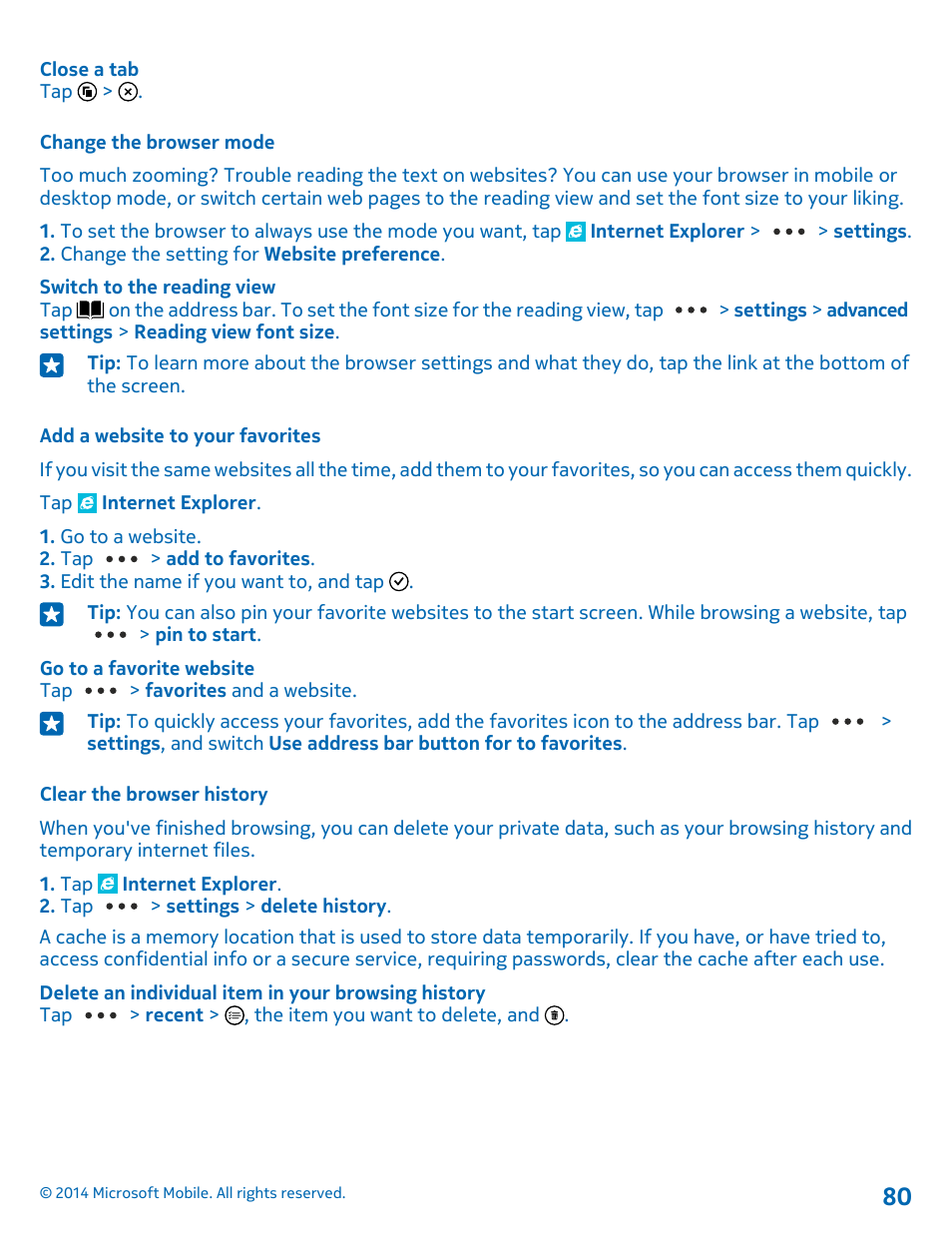 Change the browser mode, Add a website to your favorites, Clear the browser history | Nokia Lumia 530 User Manual | Page 80 / 105