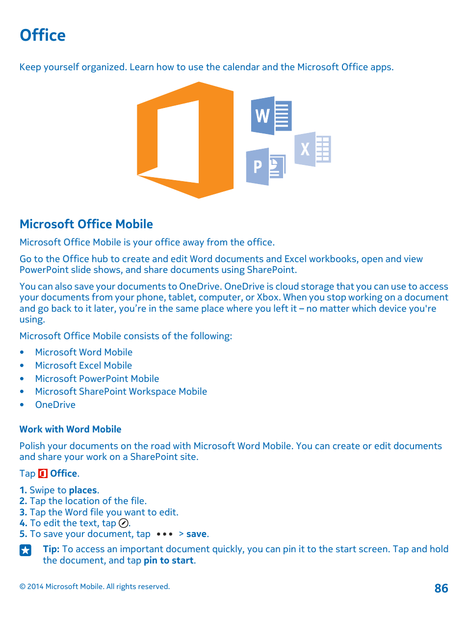 Office, Microsoft office mobile, Work with word mobile | Nokia Lumia 530 User Manual | Page 86 / 105