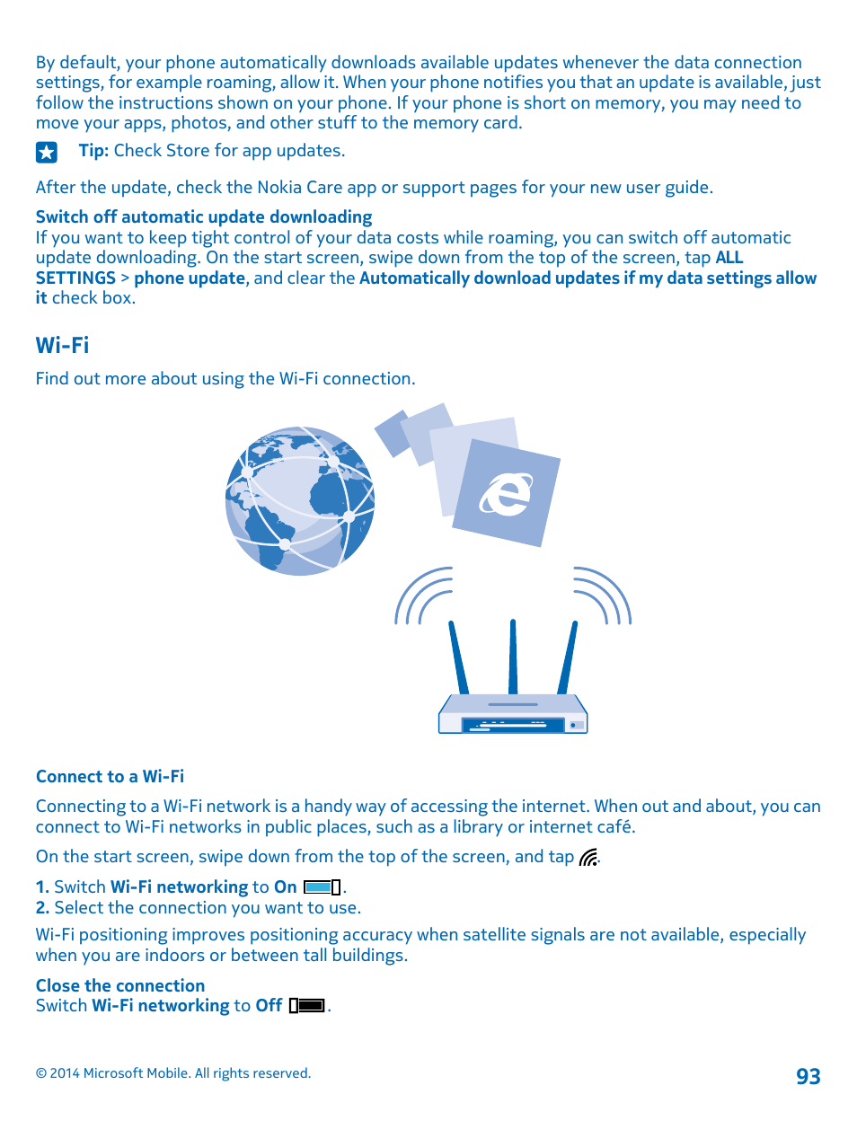 Wi-fi, Connect to a wi-fi | Nokia Lumia 530 User Manual | Page 93 / 105