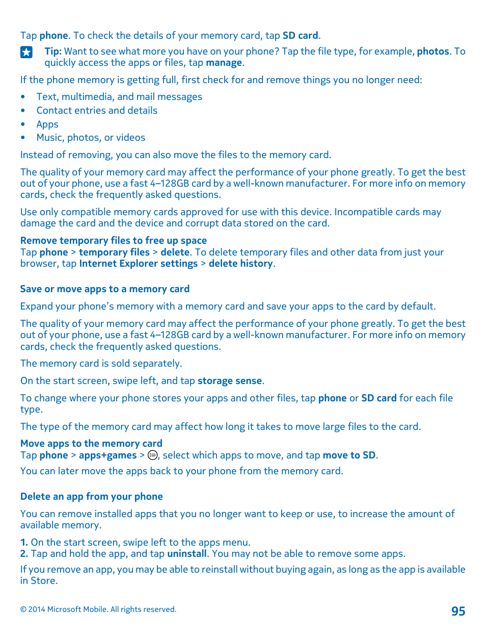 Save or move apps to a memory card, Delete an app from your phone | Nokia Lumia 530 User Manual | Page 95 / 105