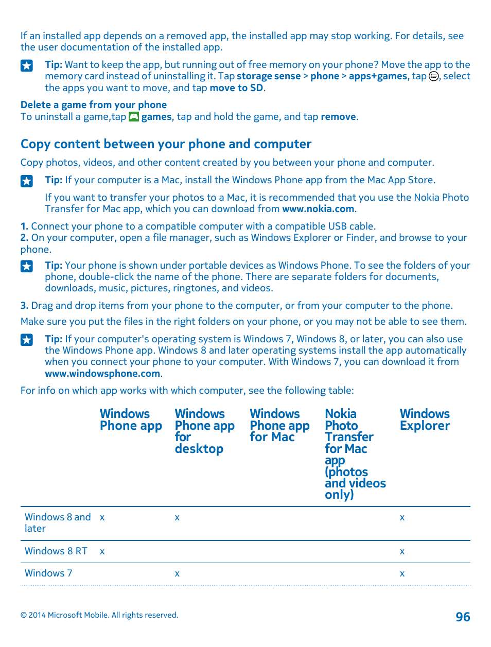 Copy content between your phone and computer, Copy content between your phone and, Computer | Nokia Lumia 530 User Manual | Page 96 / 105