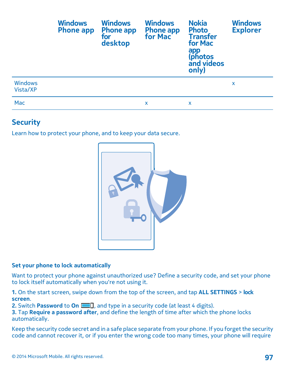 Security, Set your phone to lock automatically | Nokia Lumia 530 User Manual | Page 97 / 105