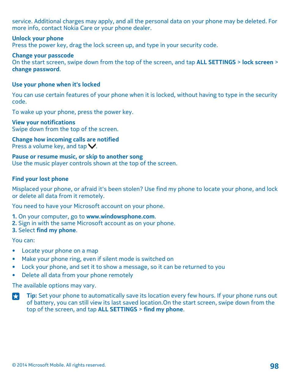 Use your phone when it's locked, Find your lost phone | Nokia Lumia 530 User Manual | Page 98 / 105