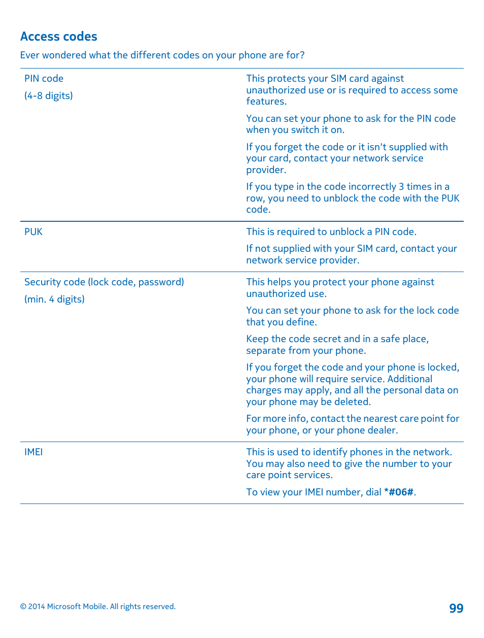 Access codes | Nokia Lumia 530 User Manual | Page 99 / 105