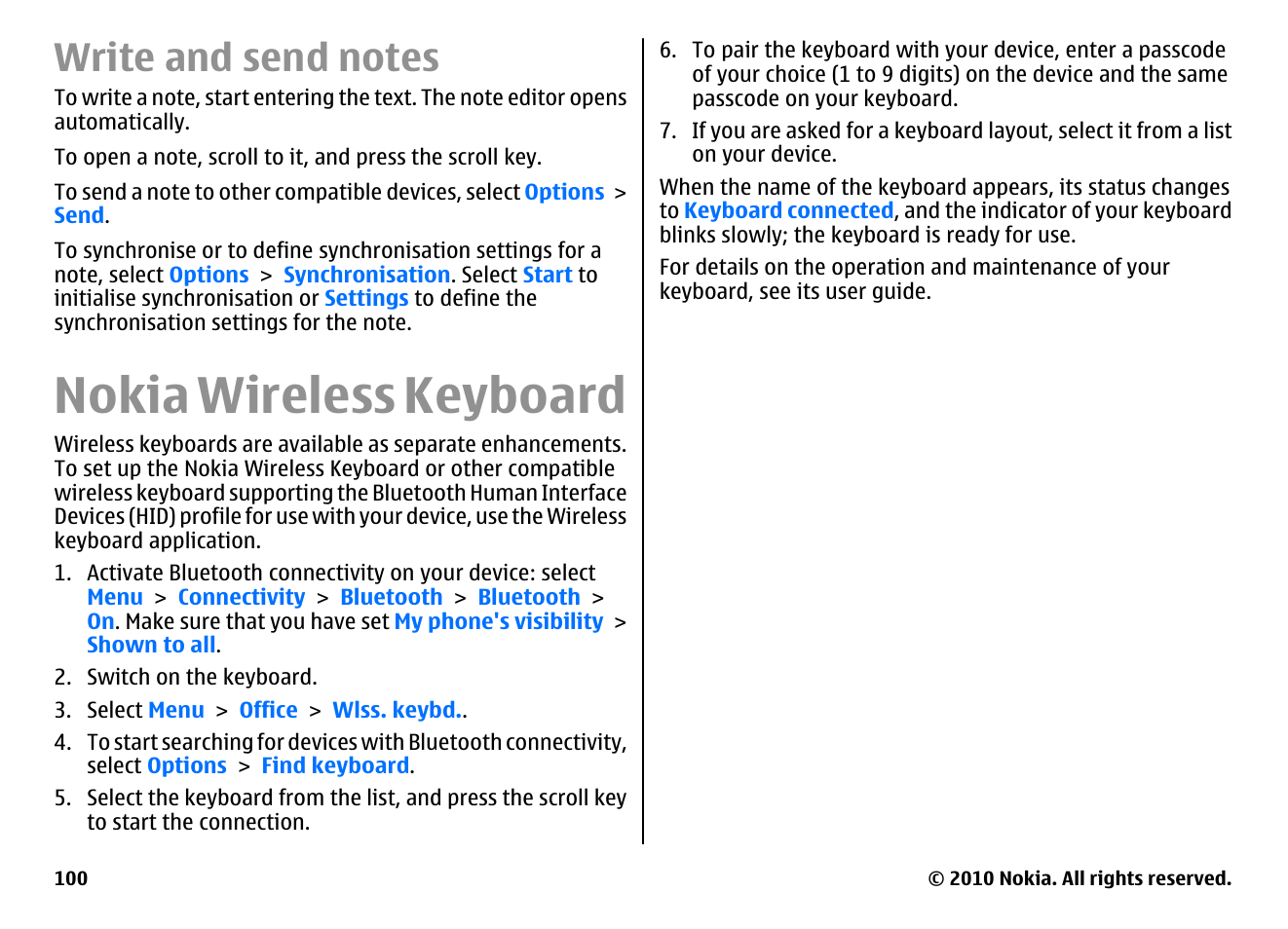 Write and send notes, Nokia wireless keyboard | Nokia E66 User Manual | Page 100 / 150