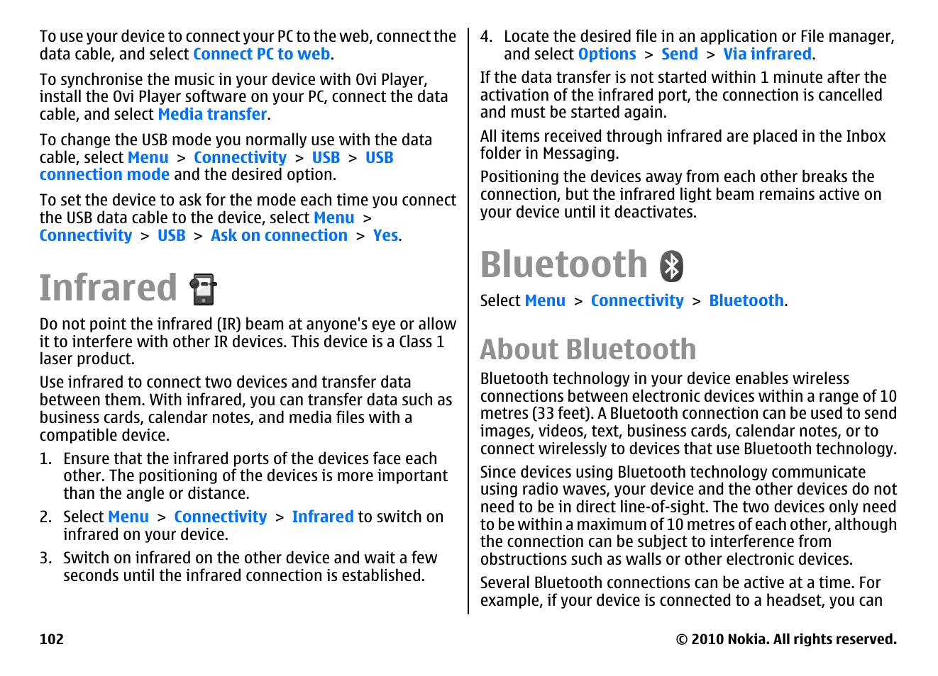 Infrared, Bluetooth, About bluetooth | Nokia E66 User Manual | Page 102 / 150