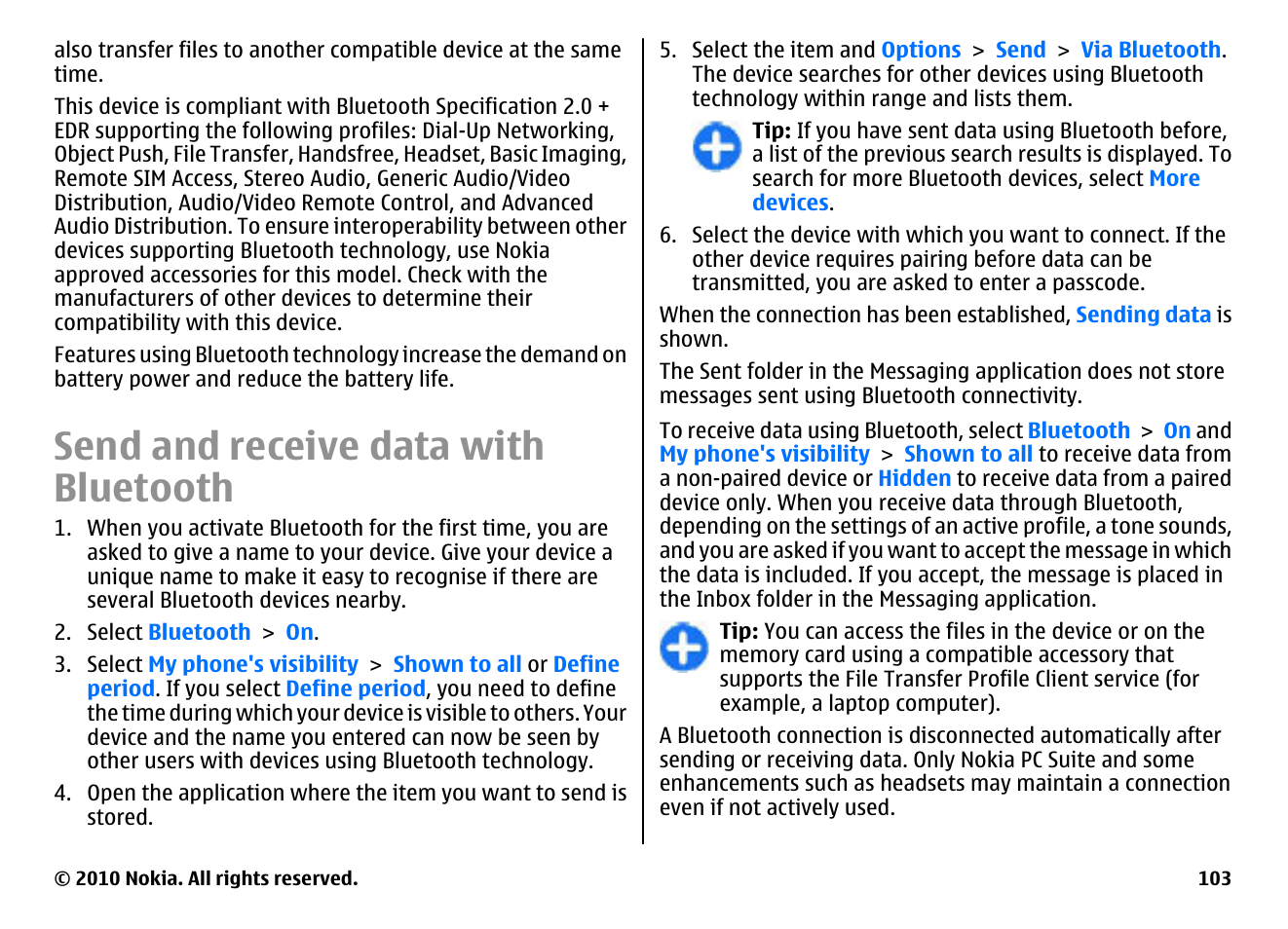 Send and receive data with bluetooth | Nokia E66 User Manual | Page 103 / 150