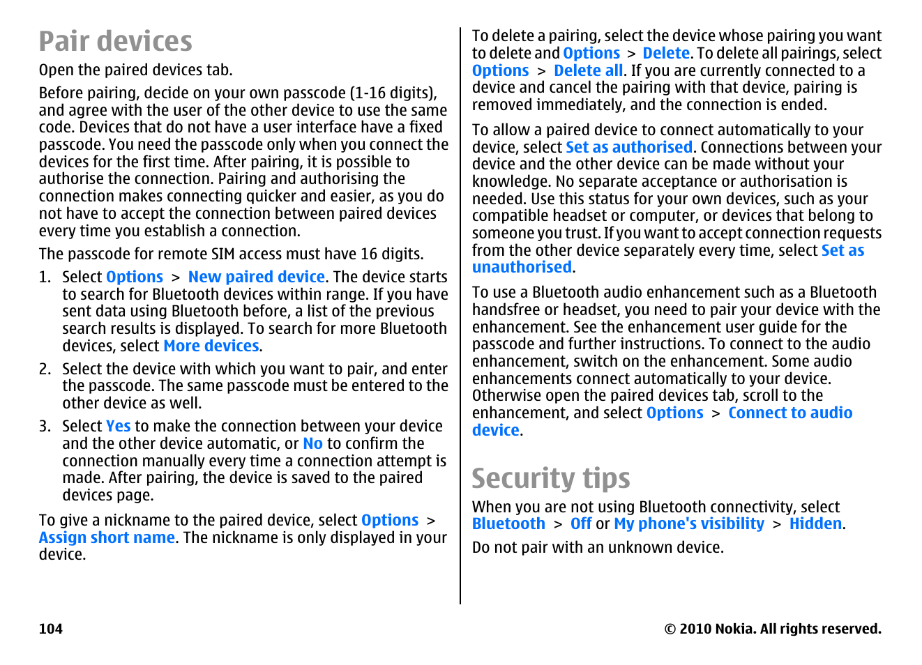 Pair devices, Security tips | Nokia E66 User Manual | Page 104 / 150