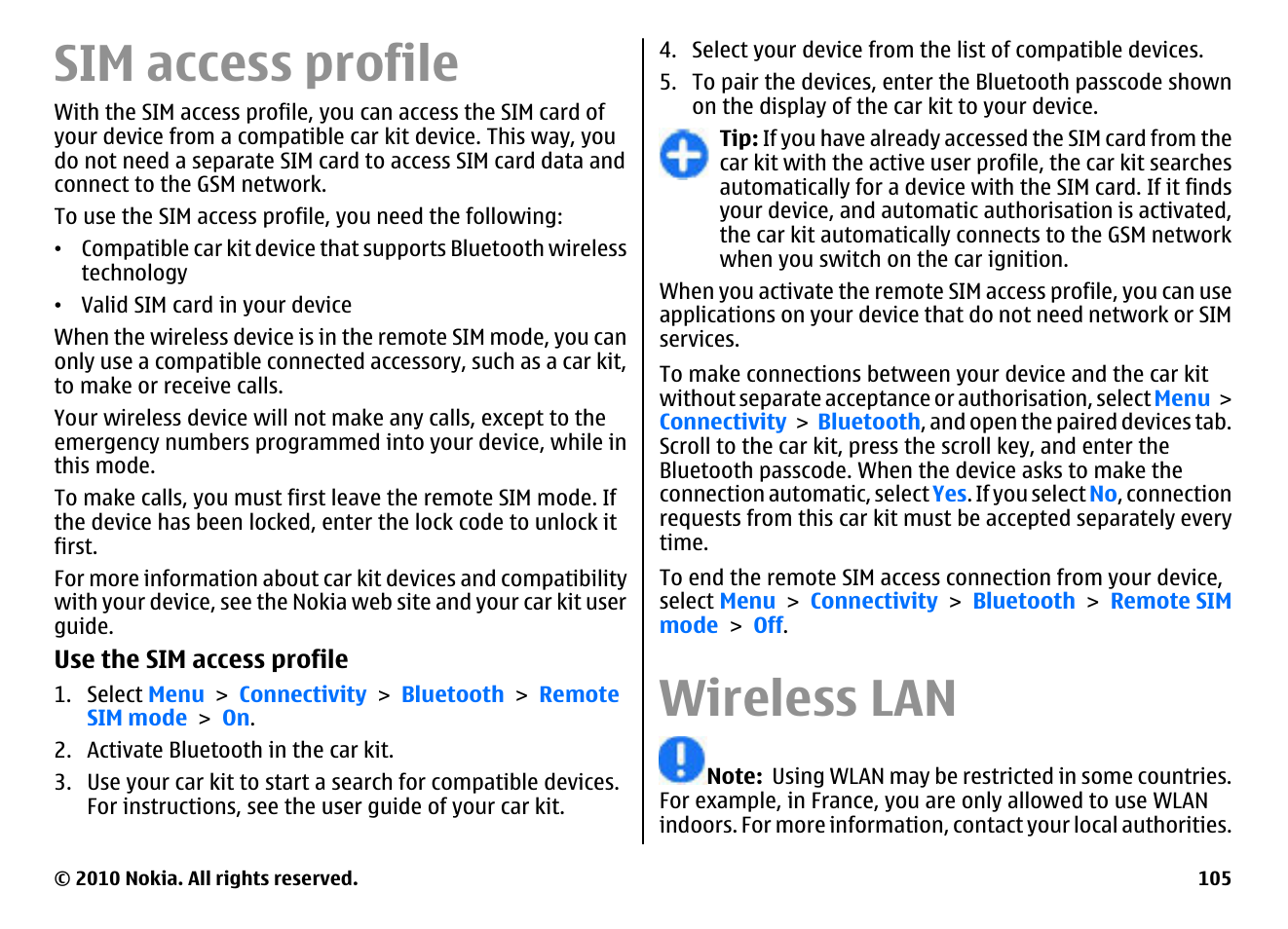 Sim access profile, Wireless lan | Nokia E66 User Manual | Page 105 / 150