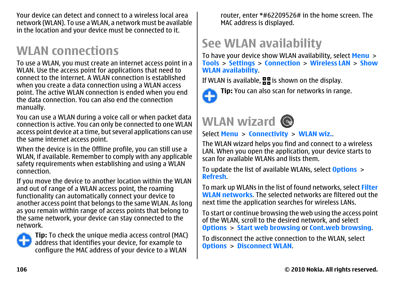 Wlan connections, See wlan availability, Wlan wizard | Nokia E66 User Manual | Page 106 / 150