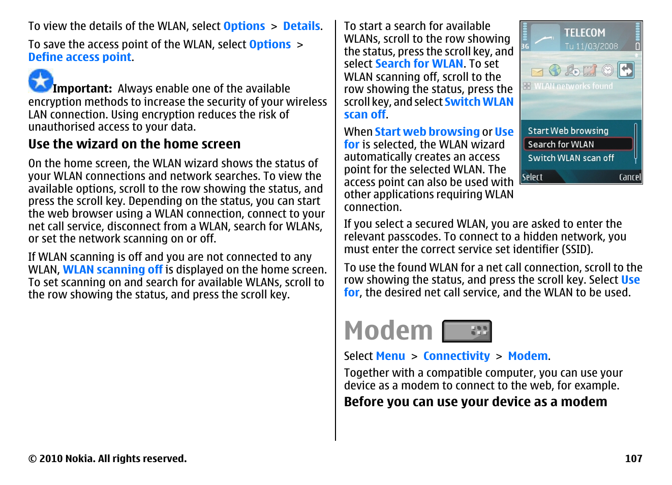 Modem | Nokia E66 User Manual | Page 107 / 150