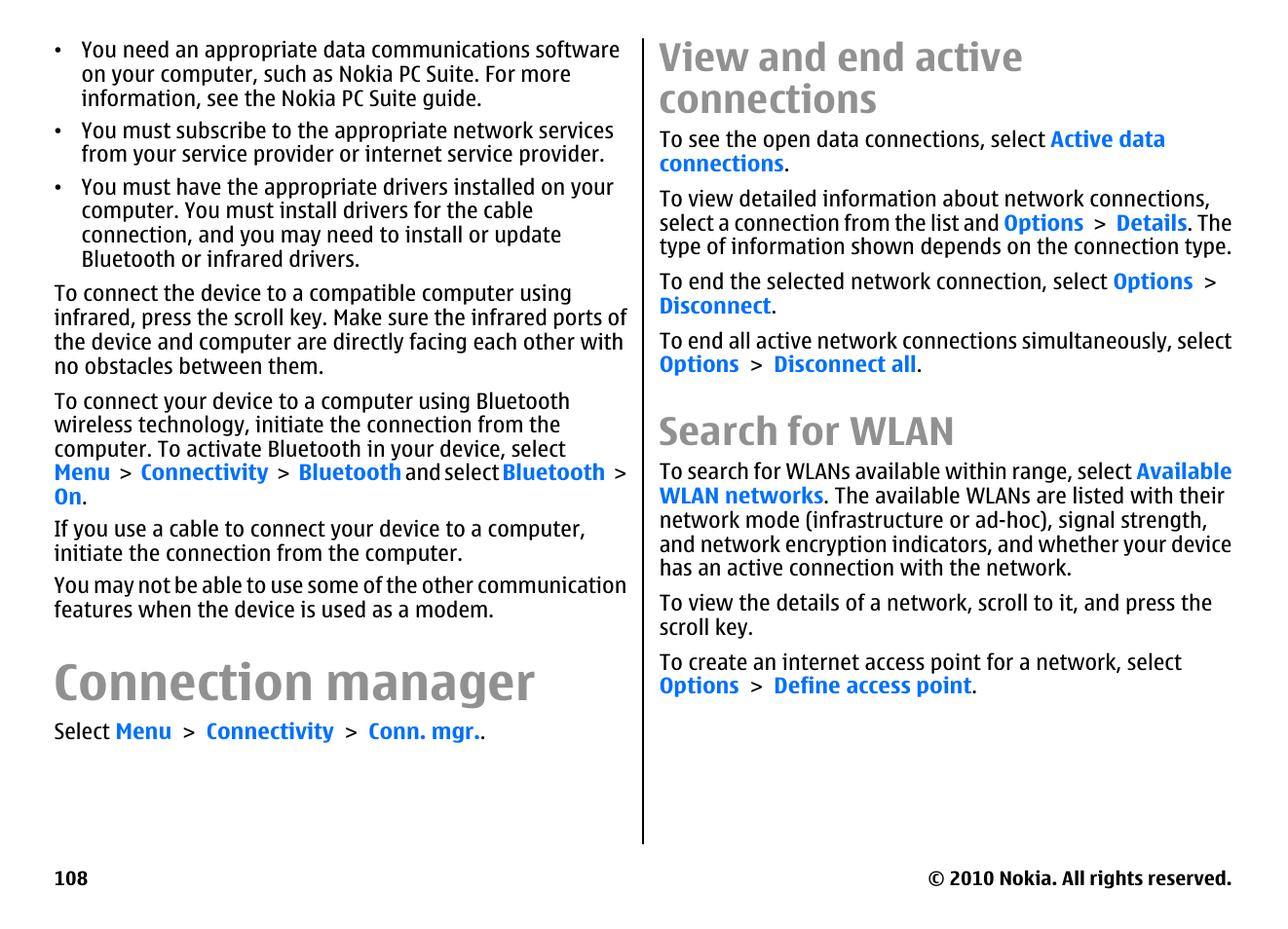 Connection manager, View and end active connections, Search for wlan | Nokia E66 User Manual | Page 108 / 150