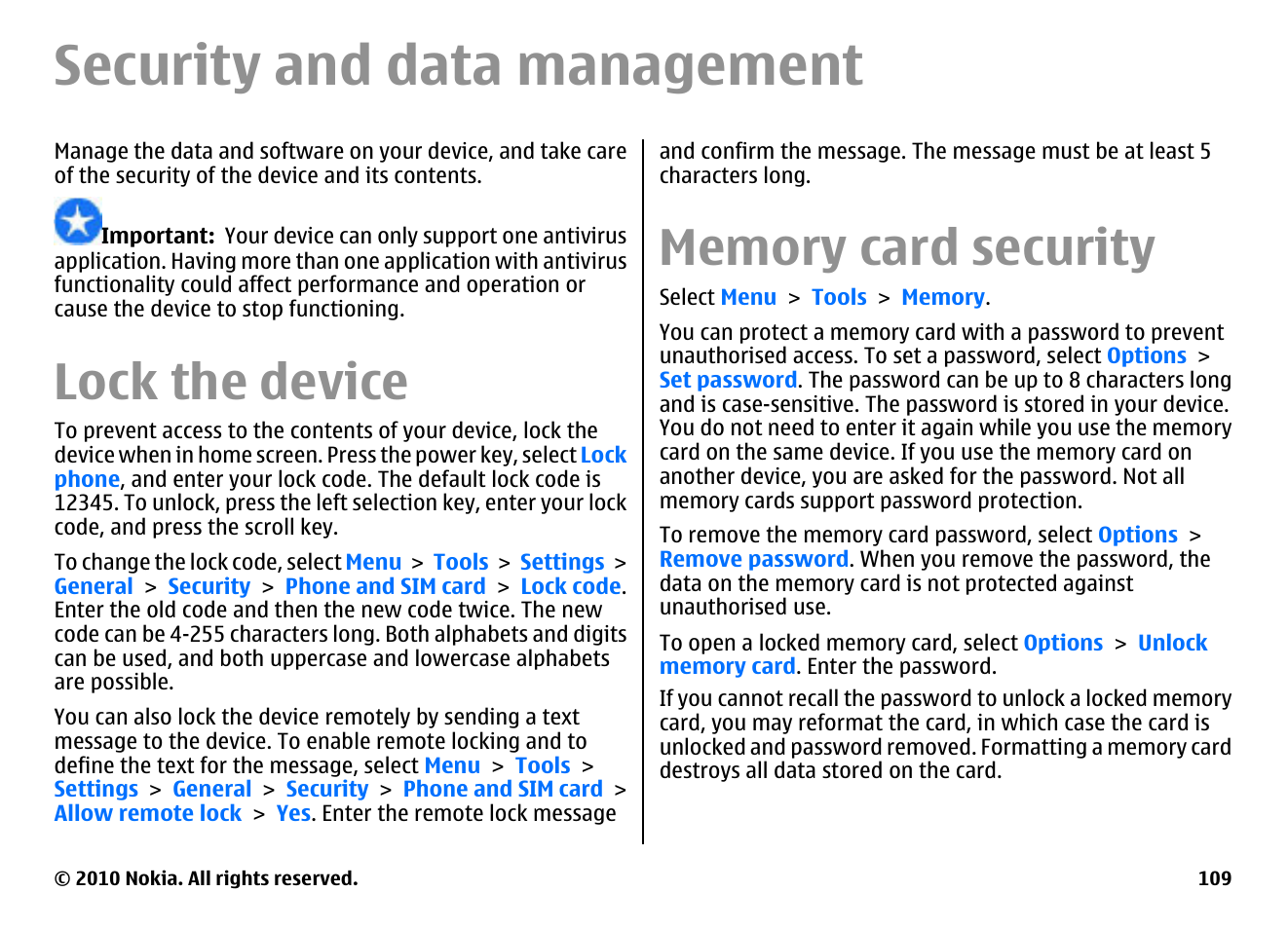 Security and data management, Lock the device, Memory card security | Nokia E66 User Manual | Page 109 / 150