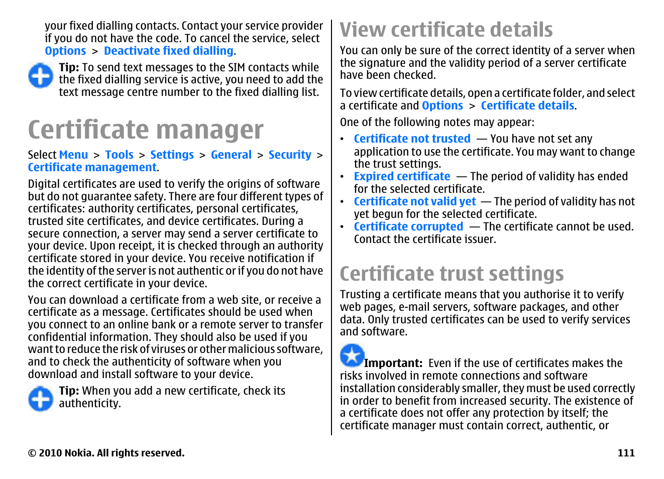Certificate manager, View certificate details, Certificate trust settings | Nokia E66 User Manual | Page 111 / 150