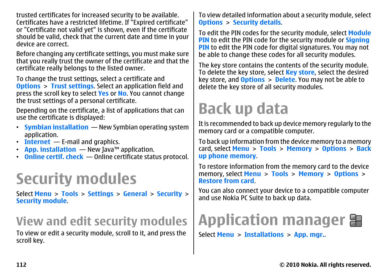 Security modules, View and edit security modules, Back up data | Application manager | Nokia E66 User Manual | Page 112 / 150