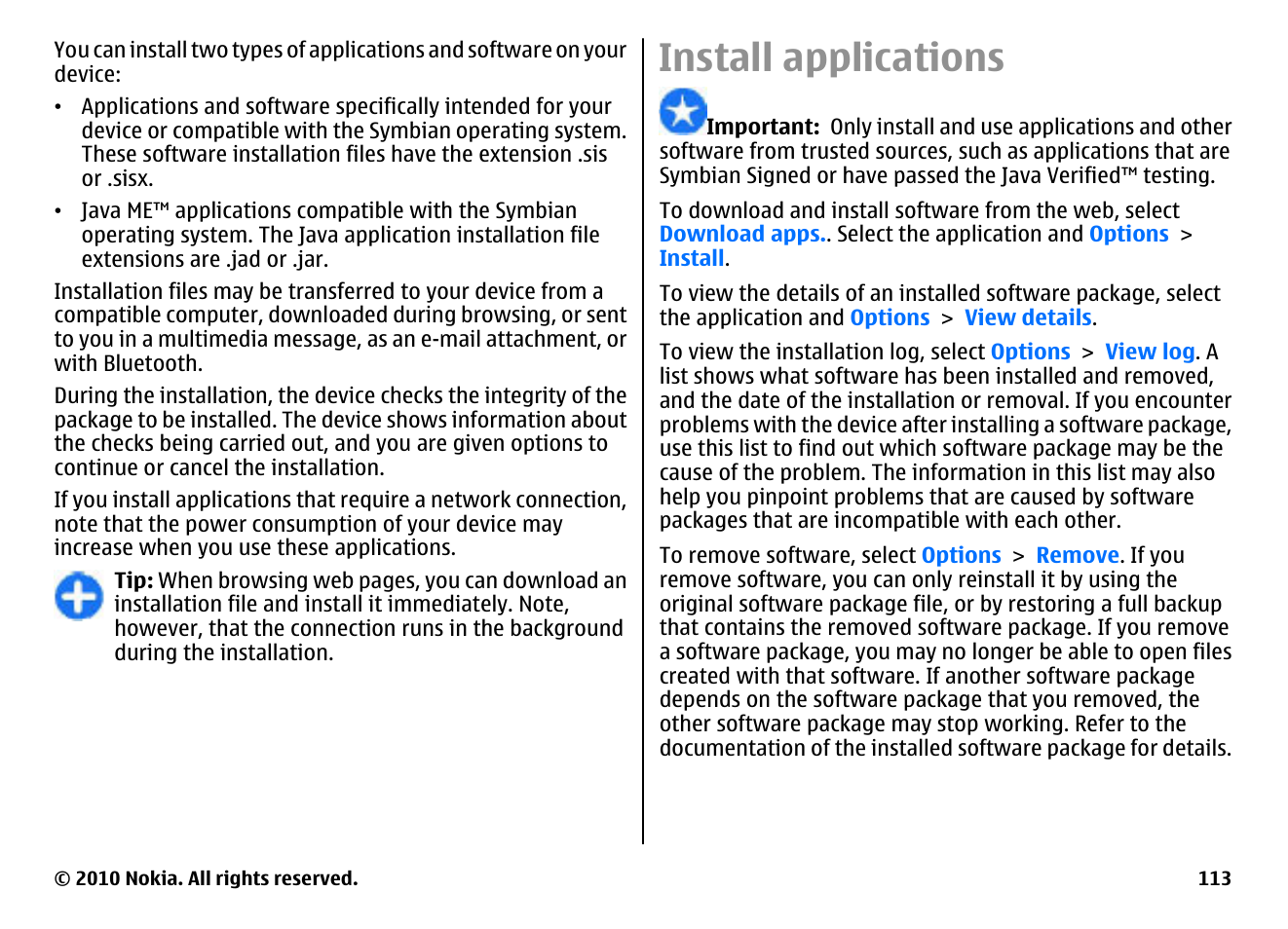 Install applications | Nokia E66 User Manual | Page 113 / 150